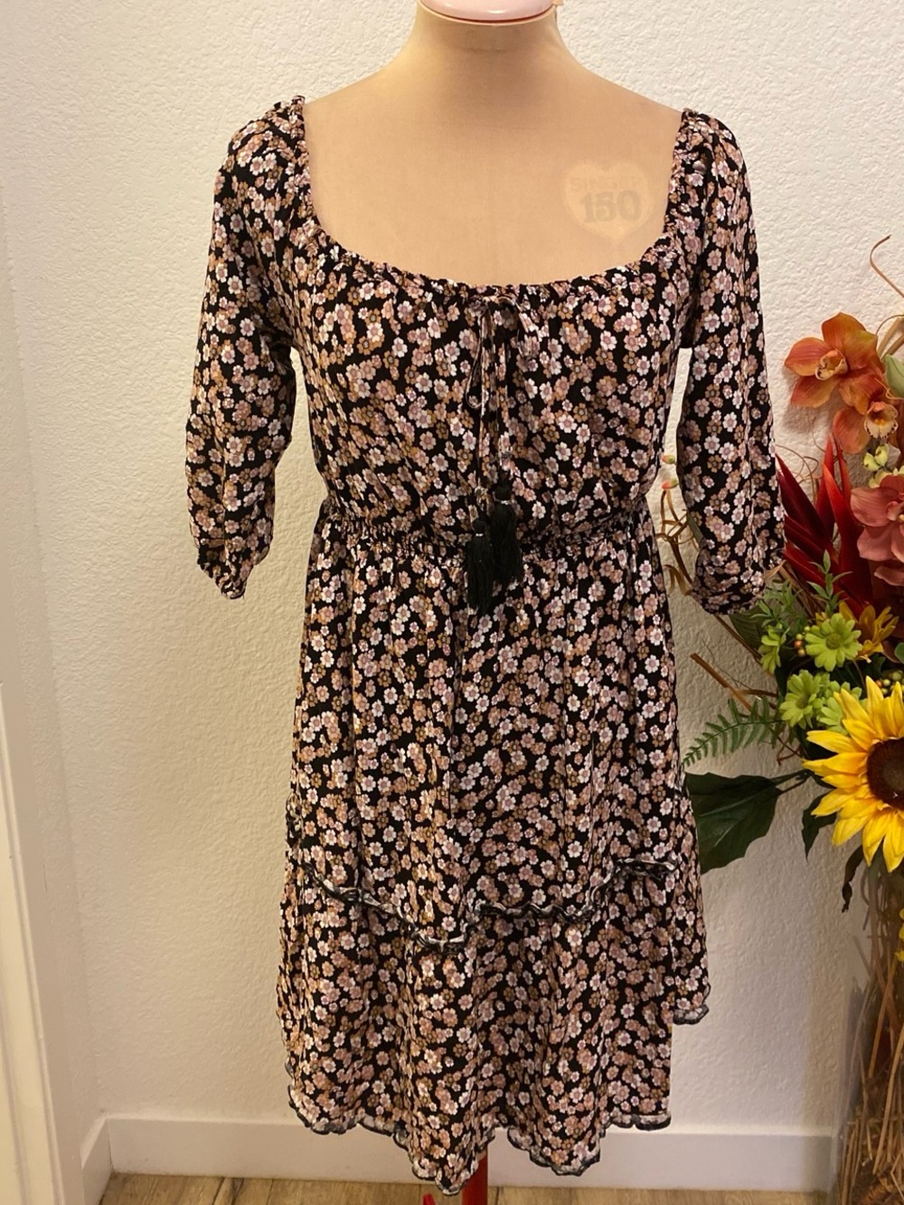 Black Medium Size Floral Square-Neck Boho Dress